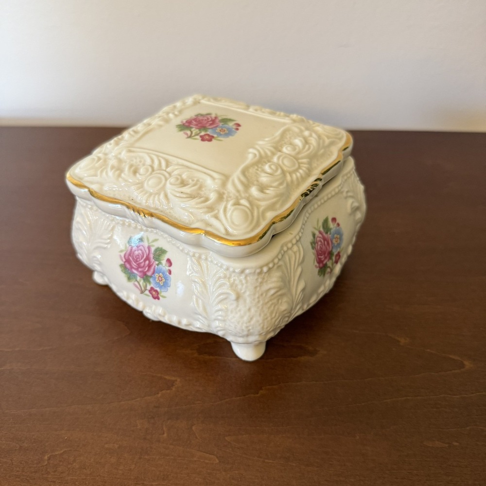 Vintage Footed Porcelain Trinket Box Hand Painted Pink Roses Gold Gilt Trim